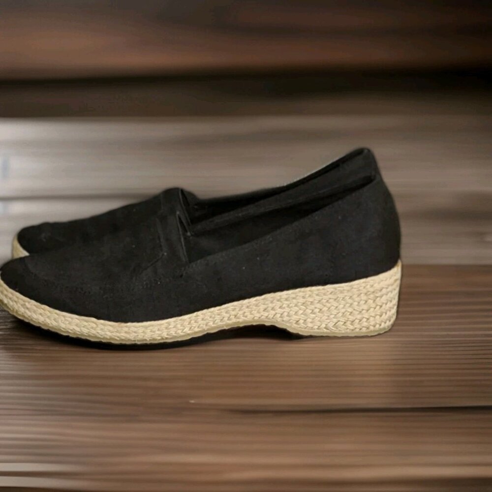 Grasshoppers Casita Black Canvas Slip On Braided Hemp Platform Shoes Sz 7.5